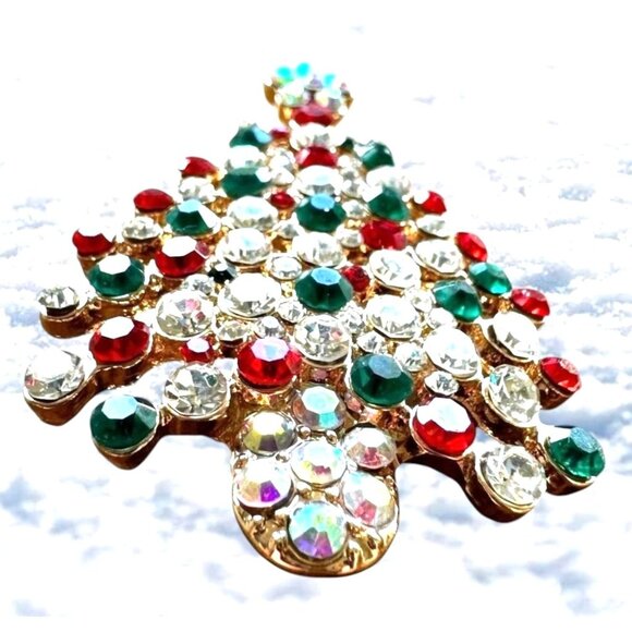 Rhinestone Christmas Tree Brooch Pin New Aurora Borealis Red Green Flow… - Picture 2 of 9